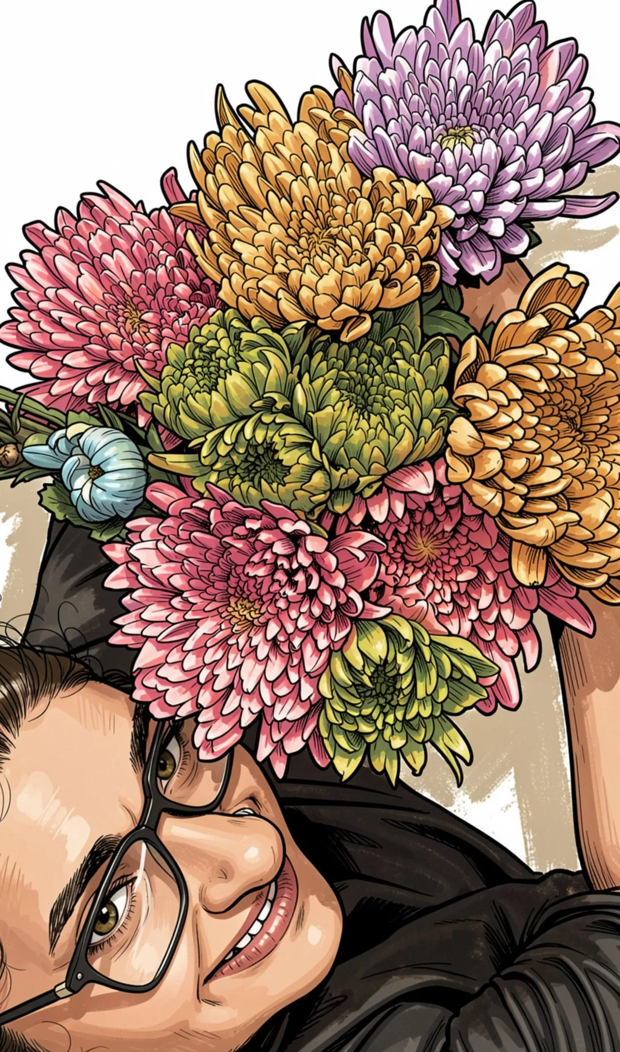 An illustrated portrait of a smiling person carrying a bright bouquet of flowers.