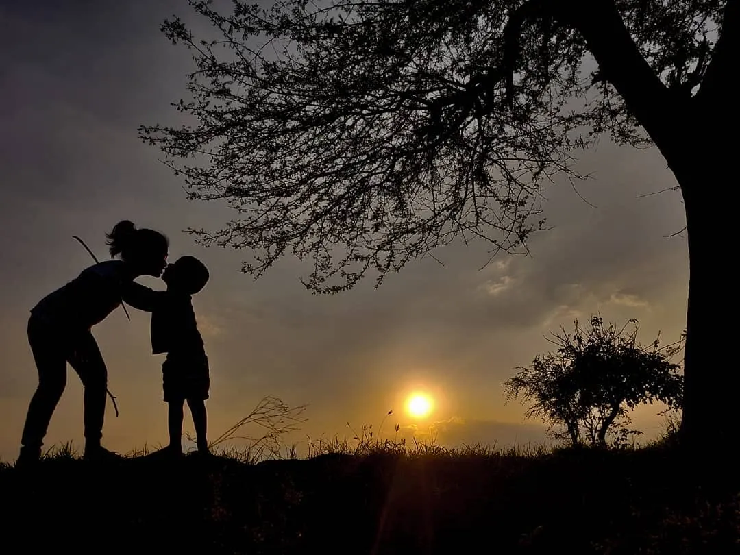 An older child kissing a younger one on the forehead at sunset, beneath a tree.