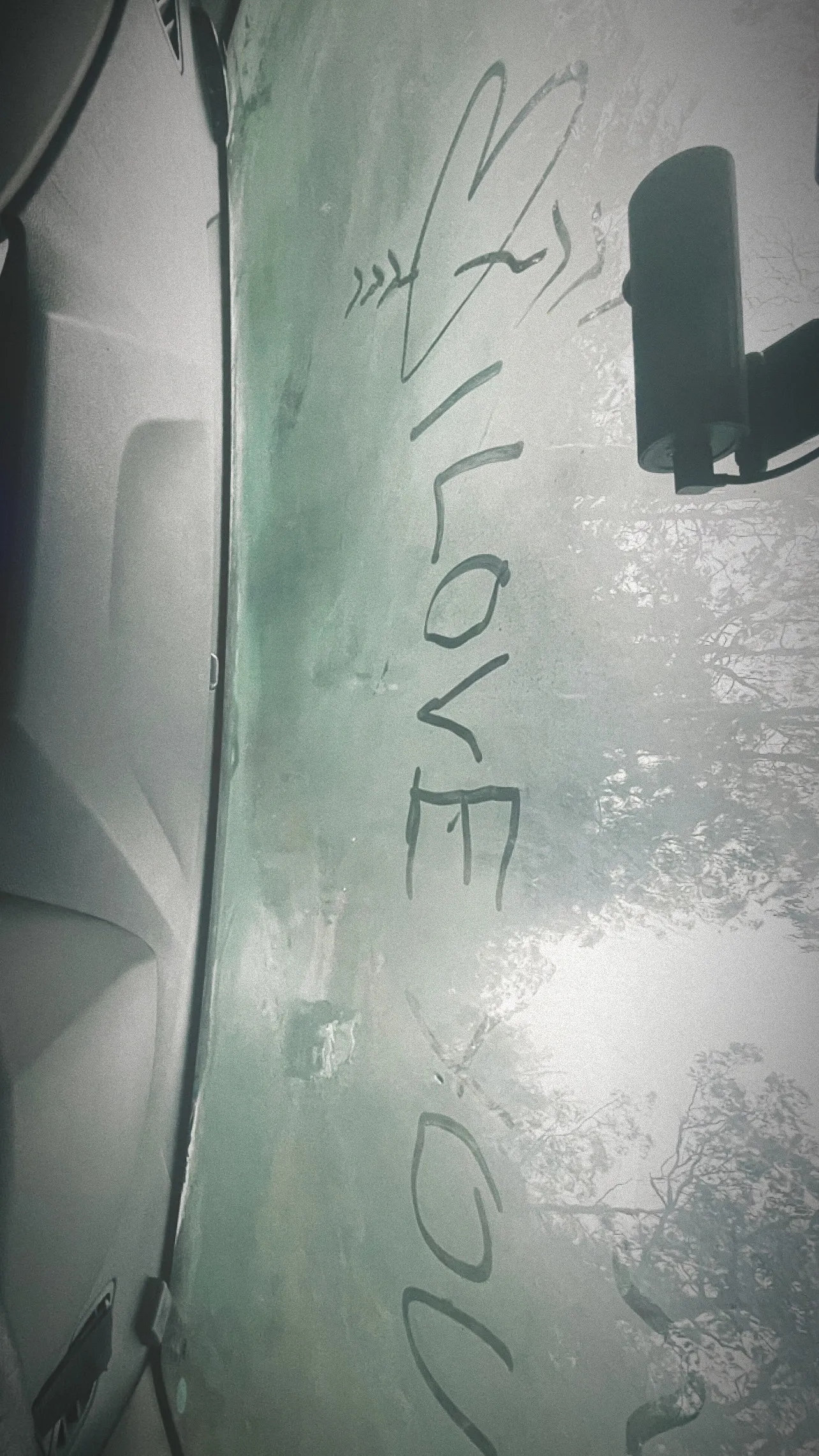 The words I love you traced on a fogged window.