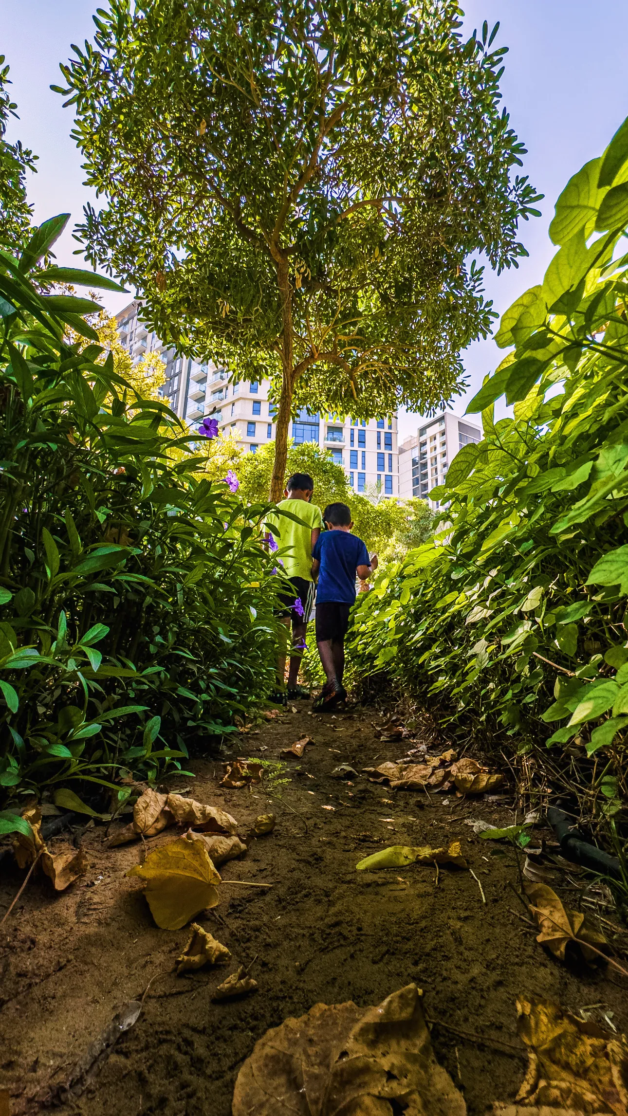 Two children walking a green path toward a city skyline.